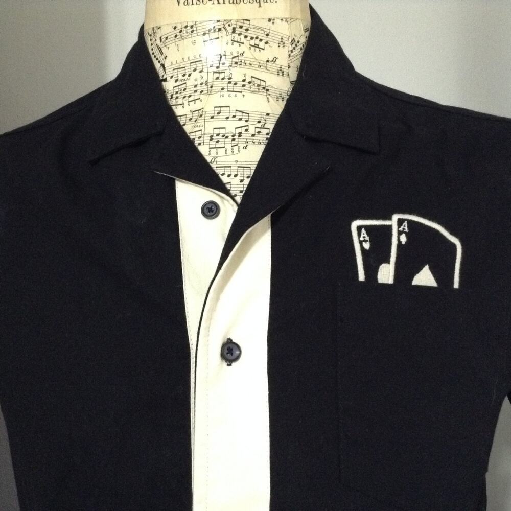 VSTR Shirt Mens Medium Black Casino Aces Card Theme Short Sleeve Button Down